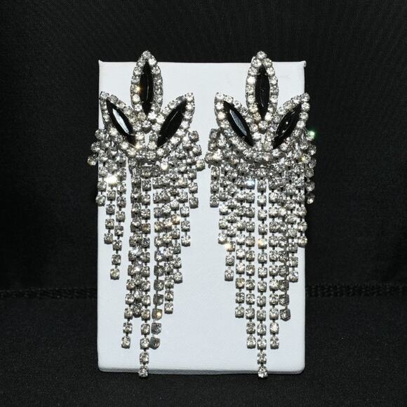 Vintage Black Rhinestone Floral Chandelier Earrings Long Dangle Fringe 3.5” - Picture 2 of 10